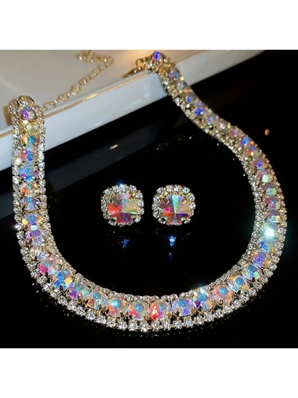 Super Sparkly Rhinestone Crystal Choker Necklace Rivoli Earrings Set Gold Tone